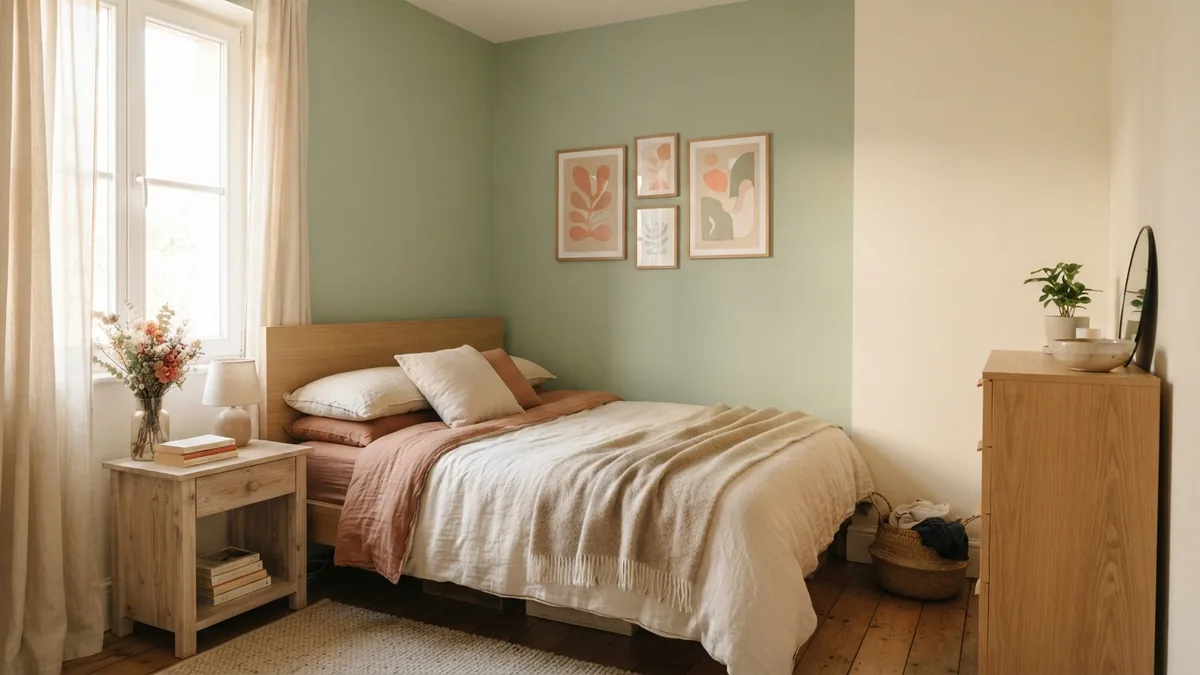 Low-cost bedroom wall refresh Small bedroom with a soft sage wall, framed art, pale wood, and gentle natural light