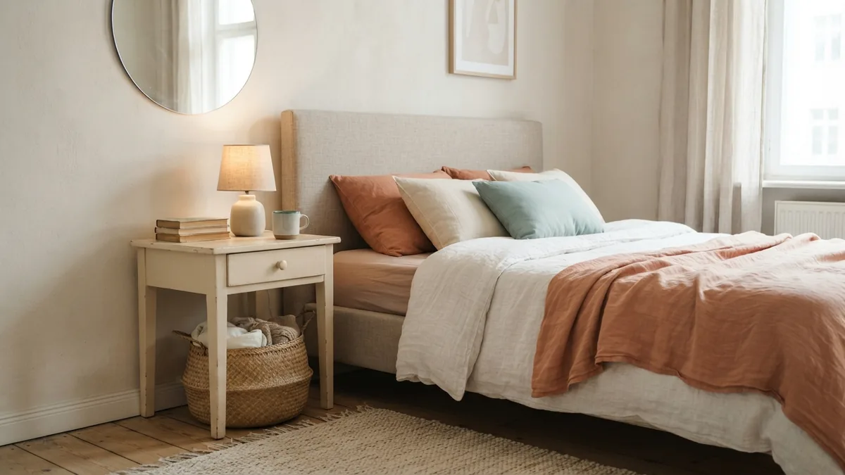 Personal bedroom DIY details Upcycled bedside table and handmade bedroom details in a warm European home