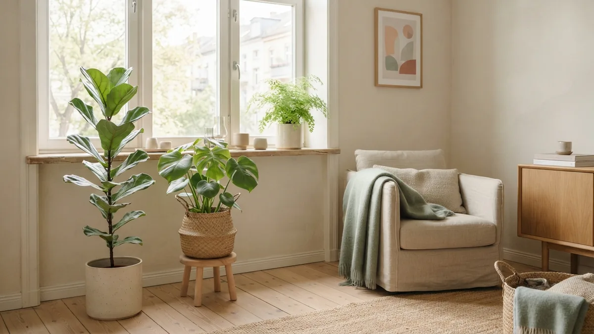 Choosing plants for a bright room Three houseplants with varied shapes and heights arranged near a bright living room window