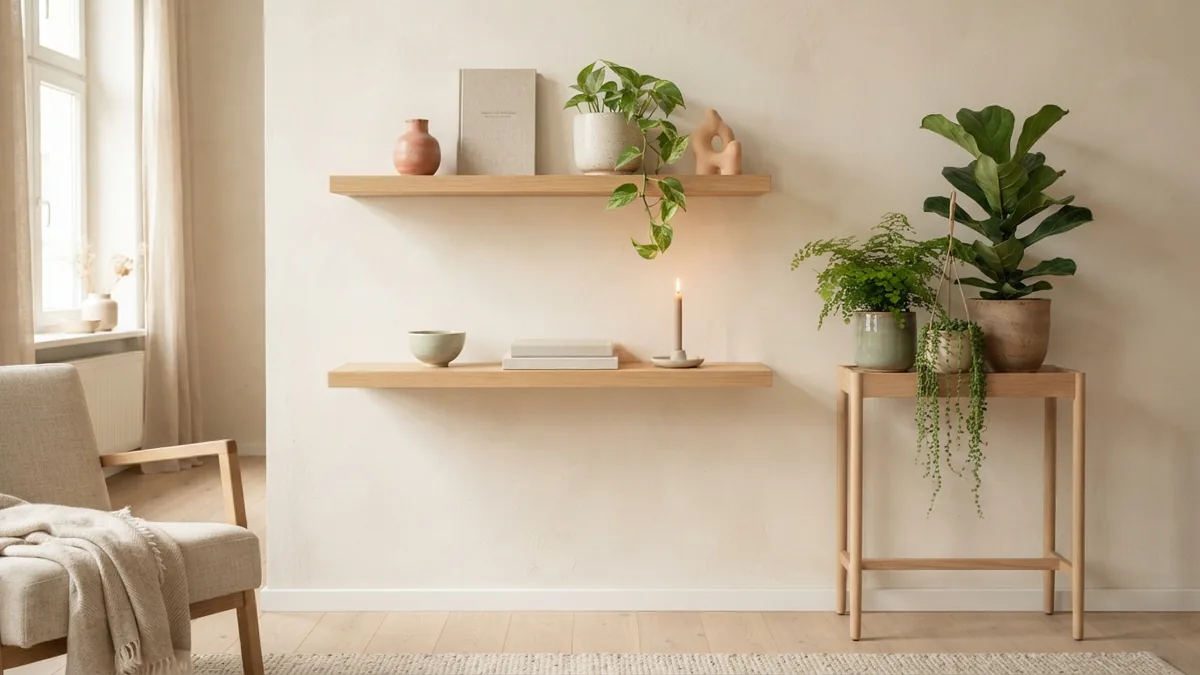 Layered living room plants displayed on light wood shelves and a slim plant stand