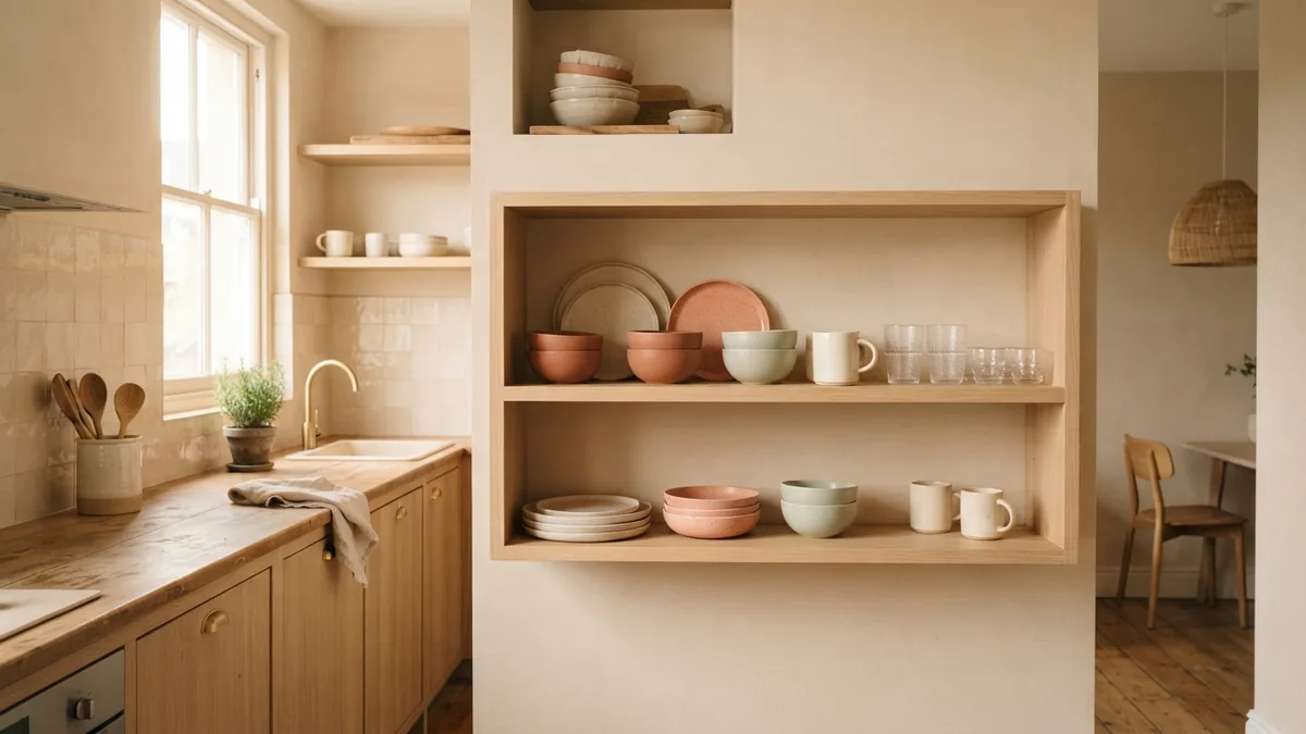 Useful kitchenware arranged on open shelves in a warm, airy European kitchen