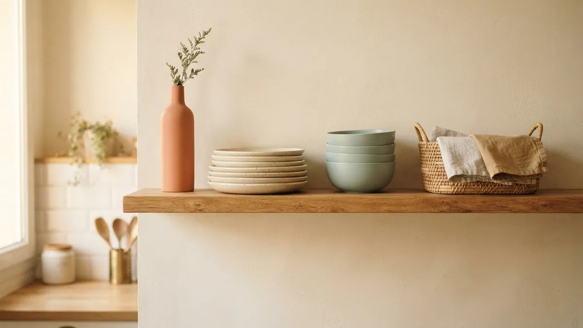 Balanced open kitchen shelf display with stacked plates, bowls, wood, and woven texture