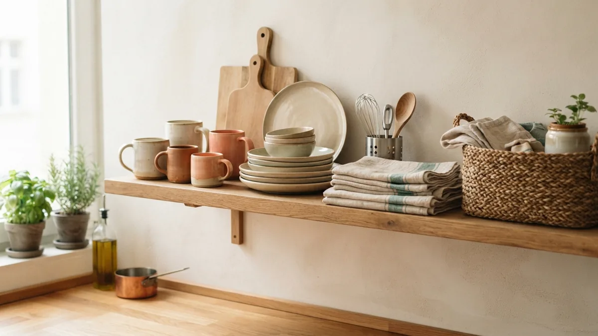 Practical kitchen shelf with grouped mugs, stacked plates, boards, linen, and baskets