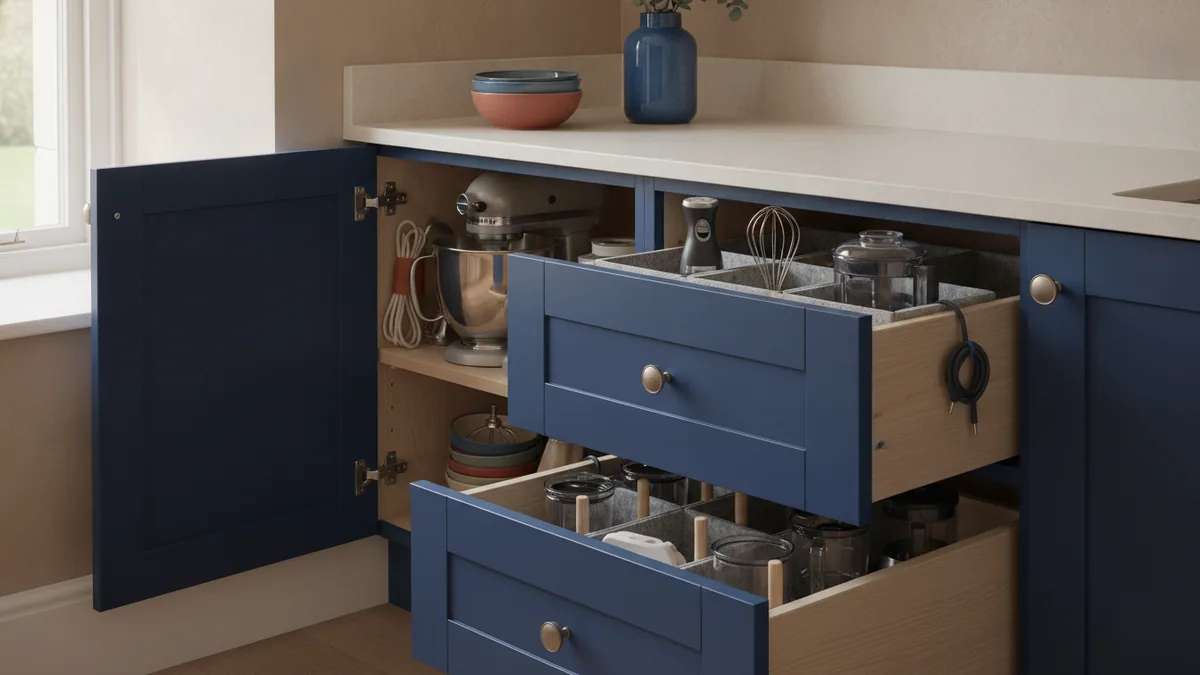 Neat storage for small appliances Small kitchen drawers and cabinets storing appliances with neat cord control