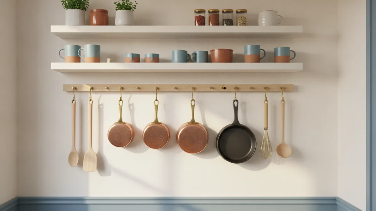 Vertical storage in a small kitchen Vertical kitchen shelves and wall racks holding pans, mugs, and light tools