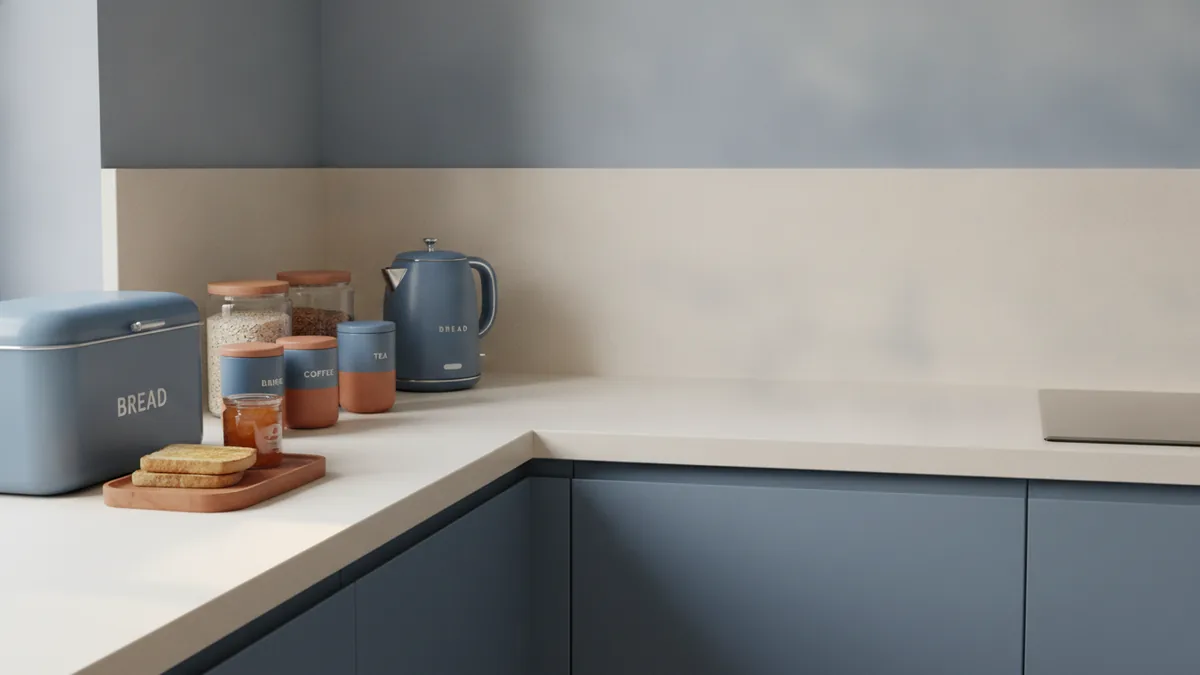 Clear small kitchen counter with grouped coffee tools and open prep space