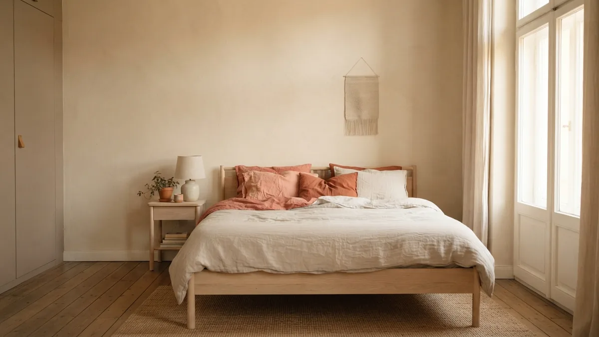 European bedroom with compact furniture, linen bedding, and pale oak storage