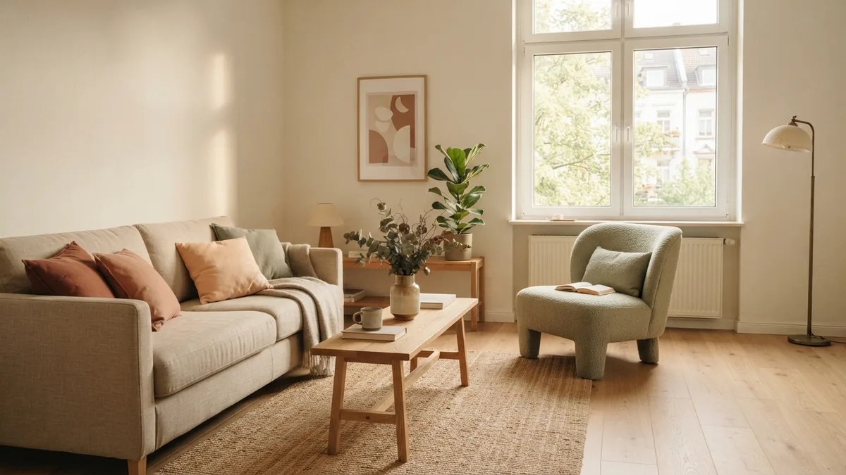 Simple furniture staging arrangement Neutral staged sitting room with open floor space and simple wood furniture