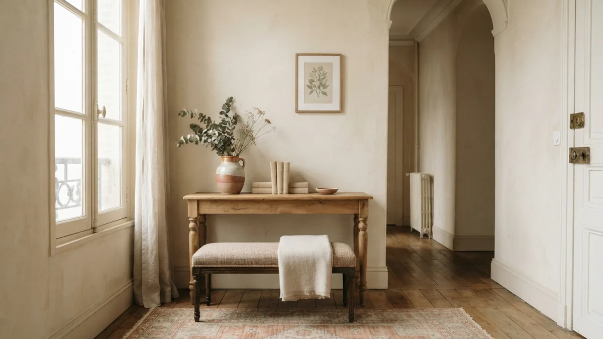 Historic style furniture in a hallway European hallway with wood console, upholstered bench, and warm pale finishes