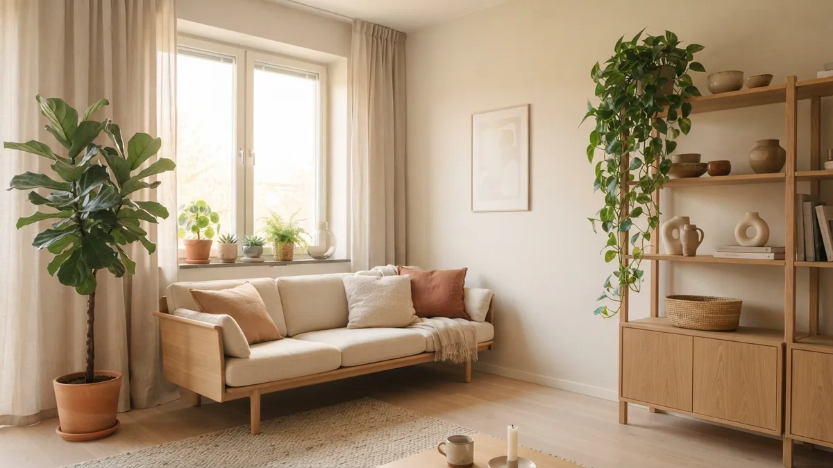 Smart plant placement by light Living room plant placement using a bright window, open corner, and layered shelf display