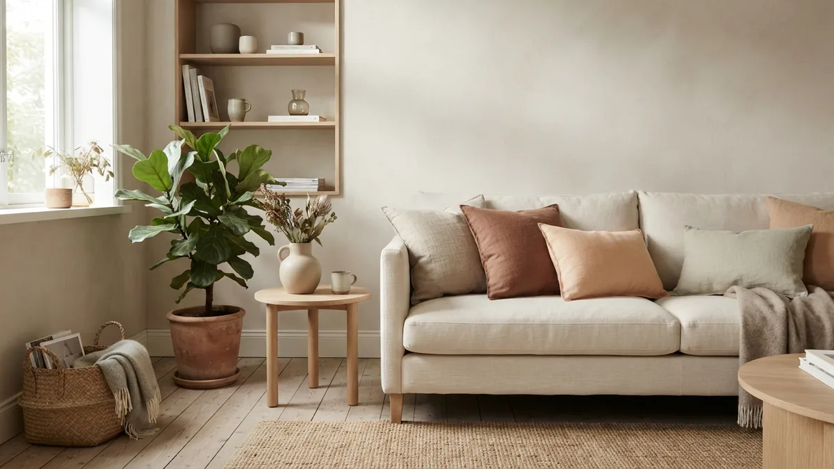 Living room plants styled with ceramic pots, books, linen, pale wood, and woven textures