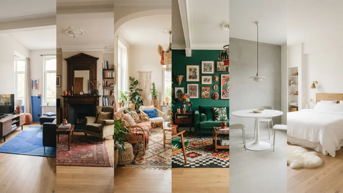 Six popular decor styles shown side by side Six home interiors showing modern, traditional, bohemian, eclectic, minimalist, and Scandinavian styles