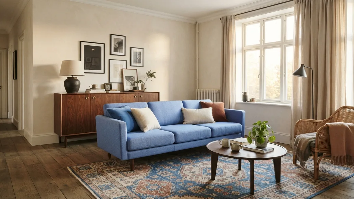 Living room combining modern furniture with bohemian textiles and traditional wood accents