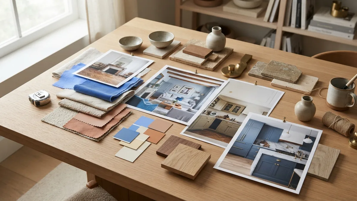 Materials and colors used to find a decor style Decor sample board with paint chips, fabric, wood, stone, and room inspiration arranged neatly
