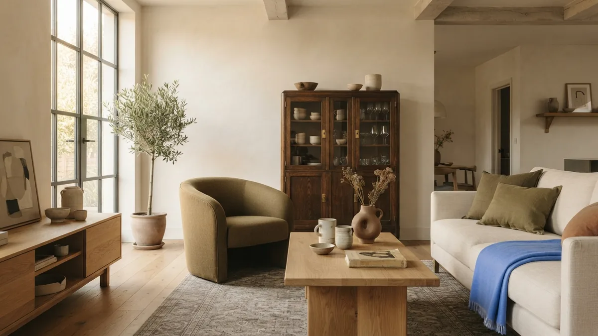 Warm modern room with natural wood, earthy colors, curved furniture, and vintage accents