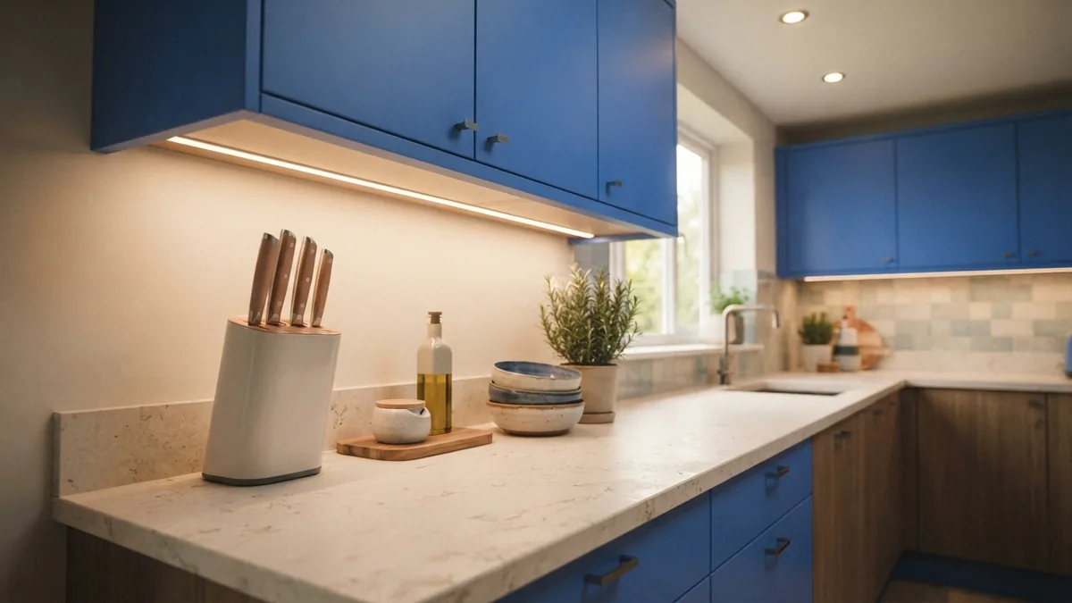 Recessed lights positioned near upper cabinets to brighten kitchen counters