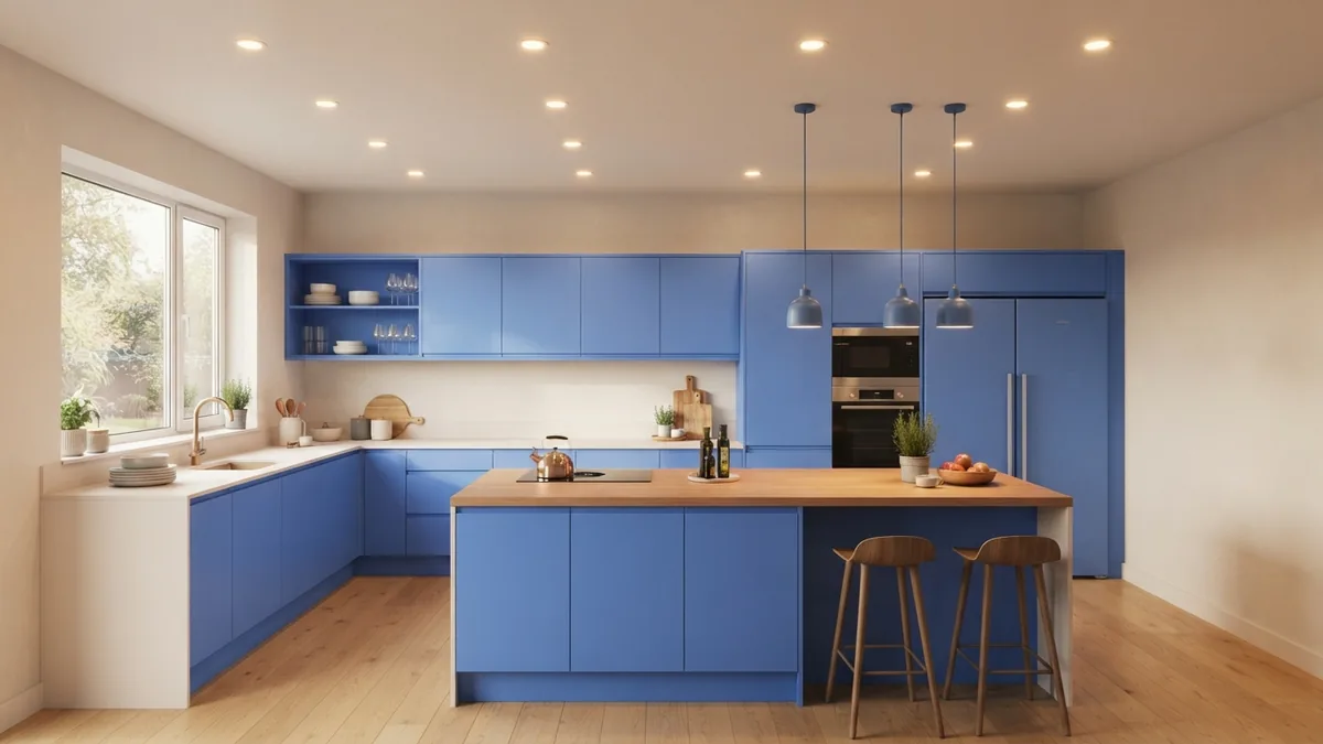 Multiple rows of recessed lights spread evenly across a kitchen ceiling