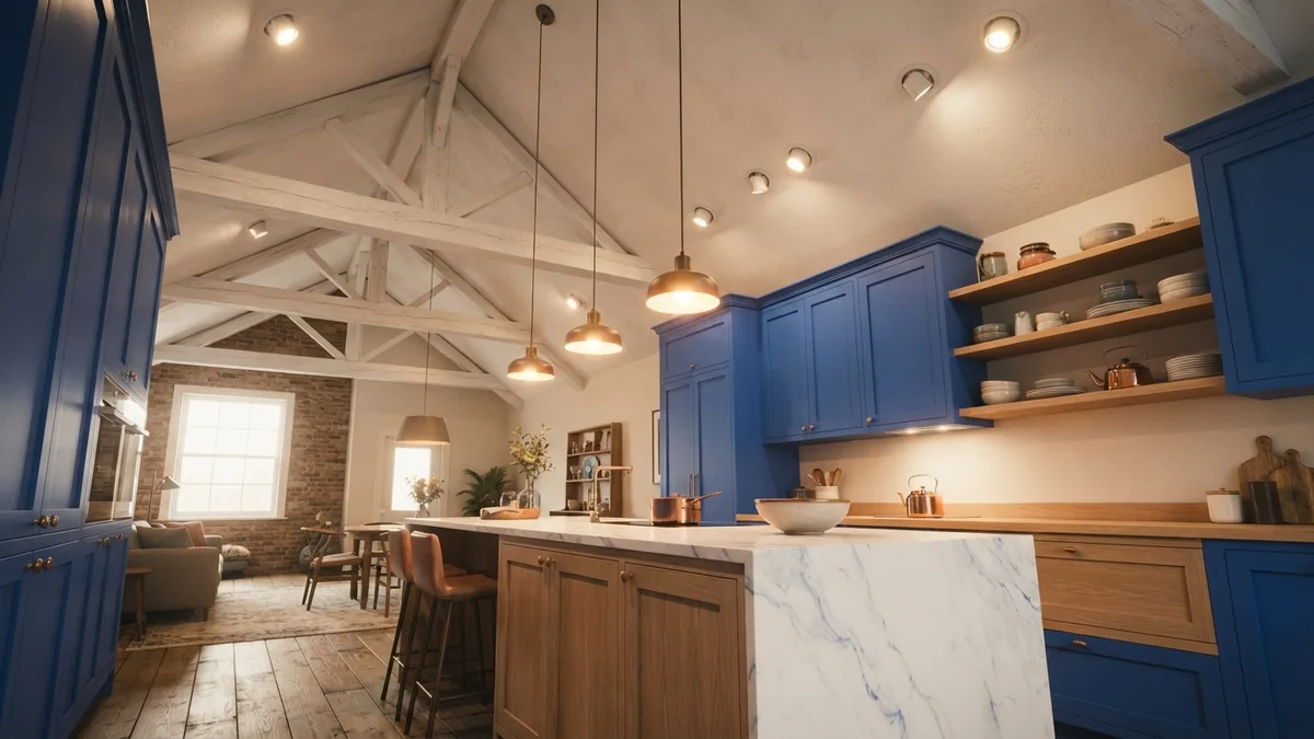 Adjustable recessed lights fitted into a high kitchen ceiling above work zones