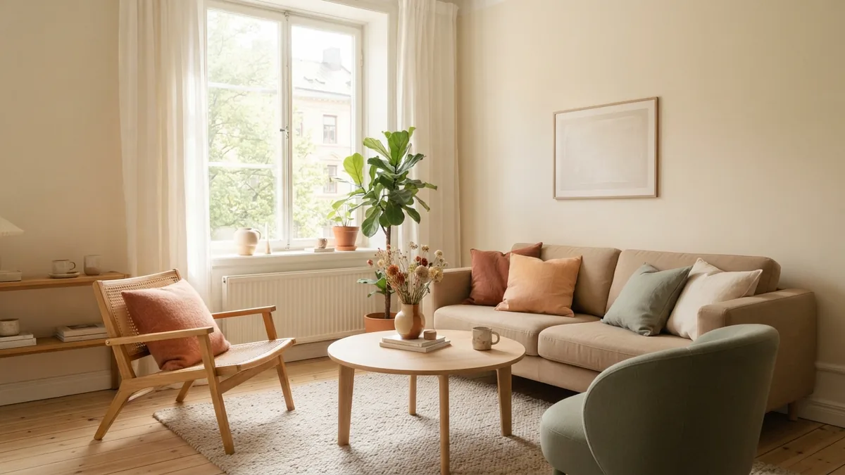 Furniture grouped around a focal point Small Scandinavian living room with seating grouped around a bright window focal point