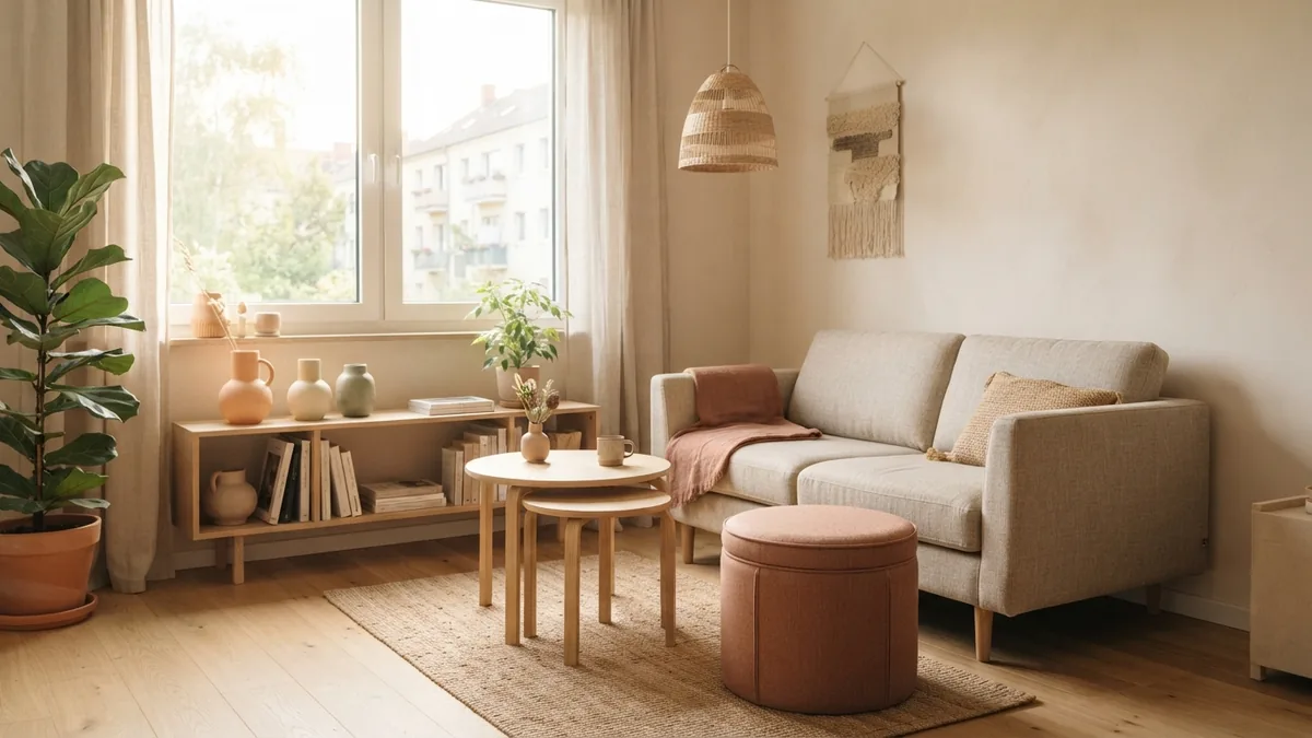 Flexible furniture for compact rooms Japandi living room with storage ottoman, nesting tables, and compact flexible furniture
