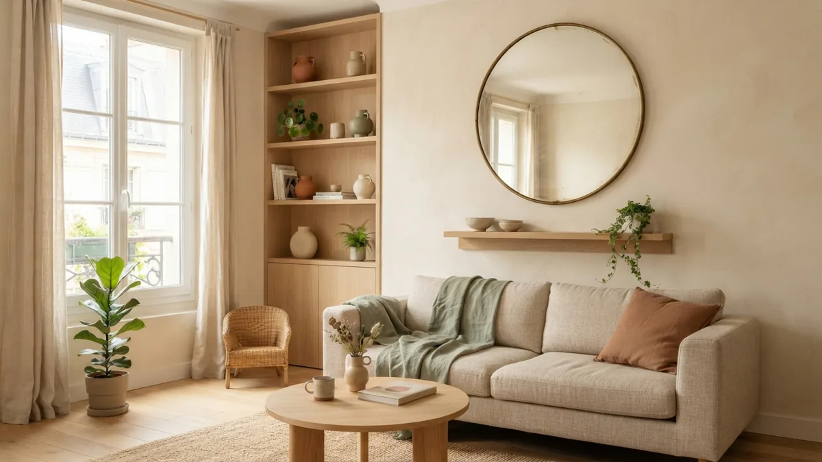 Light small living room using a mirror, tall shelves, and warm neutral furnishings