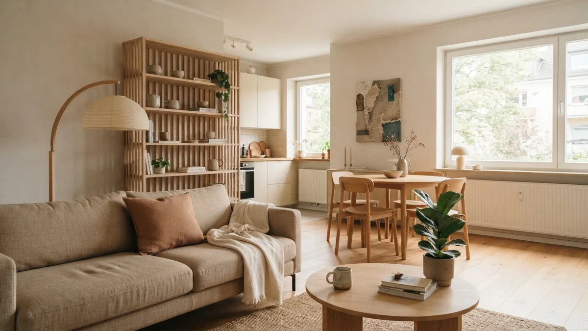Open-plan zones with clear sight lines Open-plan European apartment with sofa and dining zones divided by an open shelf