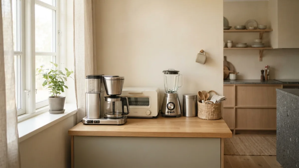 Blender, toaster oven, and coffee maker prepared beside recycling containers in a bright kitchen