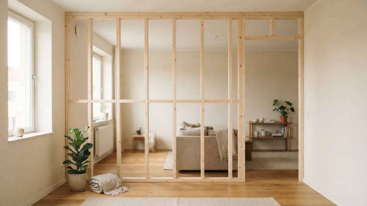 Timber framing for a new interior wall Timber studs form a straight new partition wall inside a European room