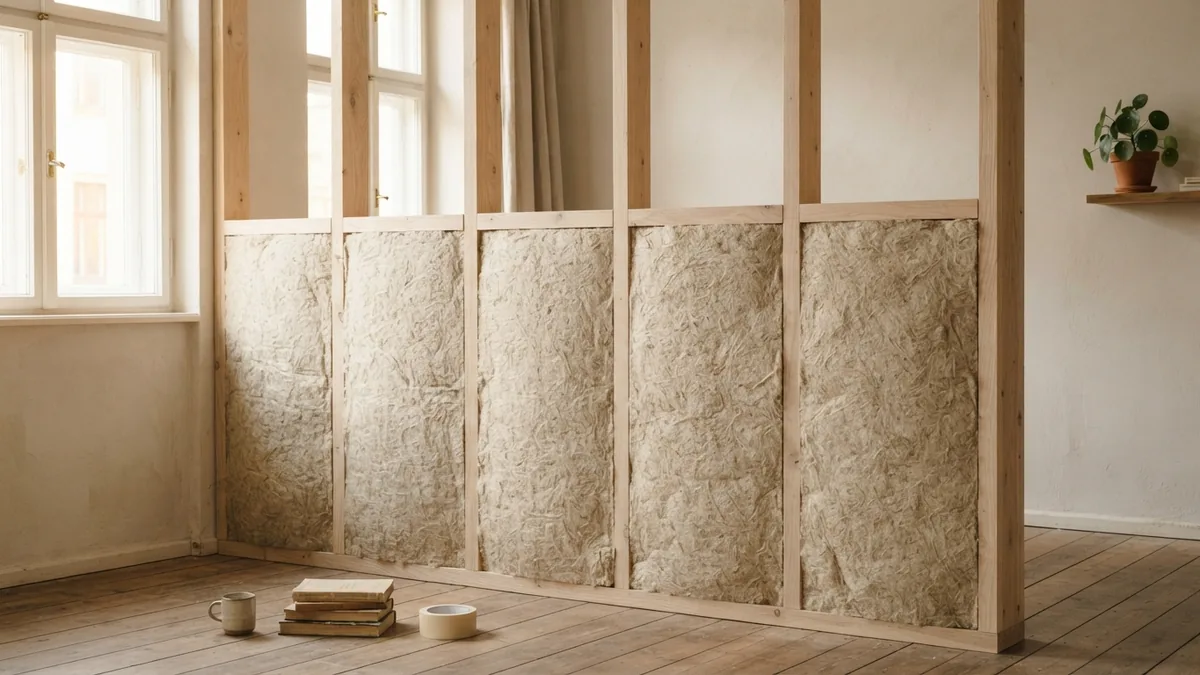Neatly fitted insulation fills the cavities between wood wall studs
