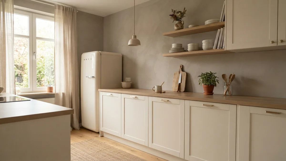 Creamy white kitchen cabinets paired with warm gray plaster walls and pale oak