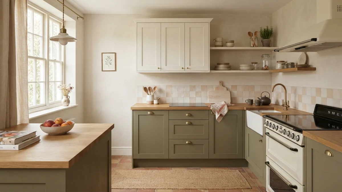 Two-tone kitchen with warm white upper cabinets and muted olive lower cabinets
