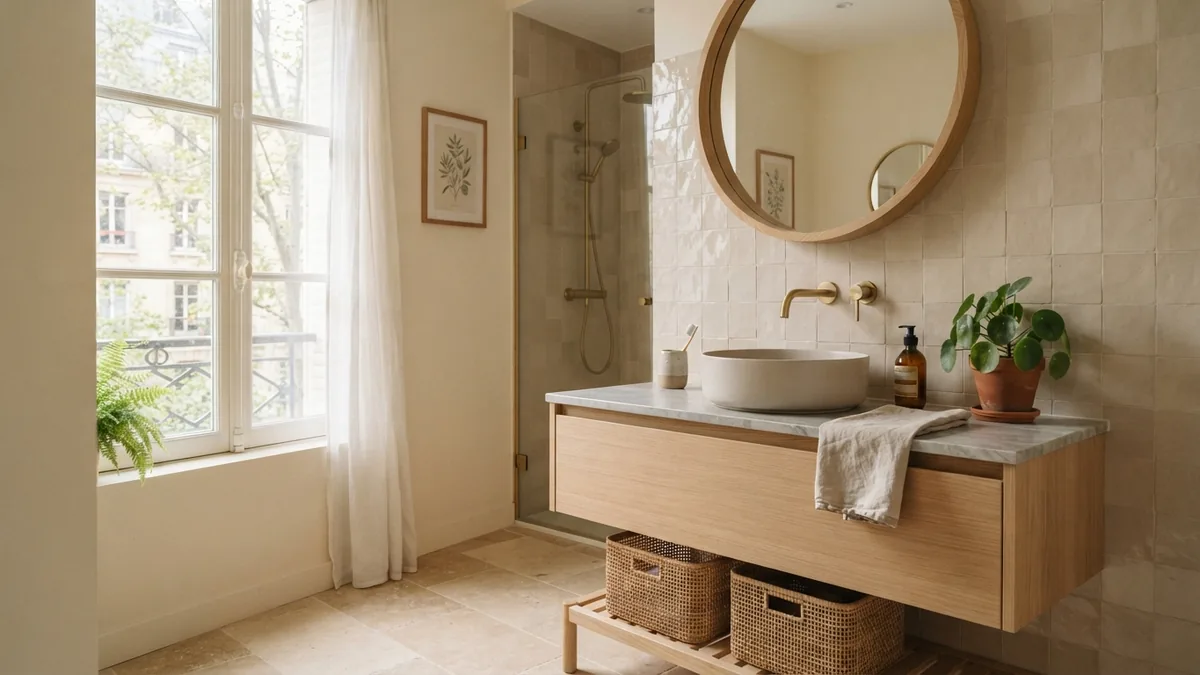 Gray vanity with warm bathroom finishes Soft gray bathroom vanity with beige tile, cream walls, and pale wood accents