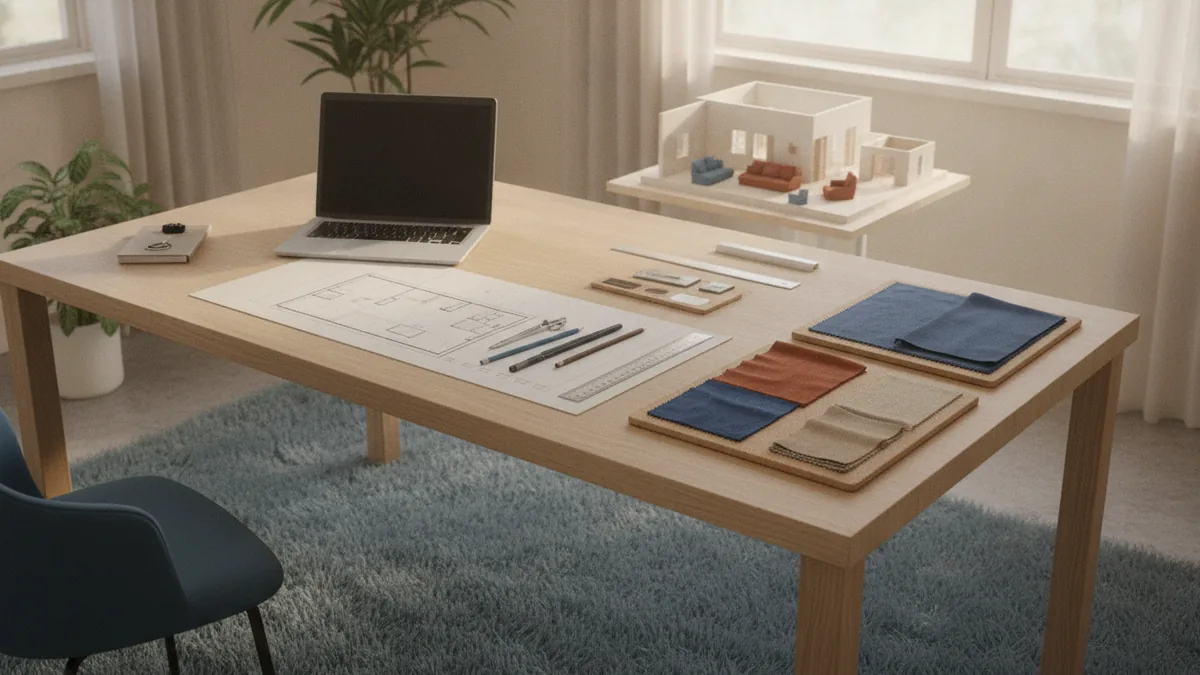 Flexible interior design study setup Online interior design study setup with drafting tools and material samples