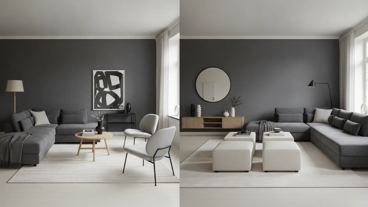 Typical living room area feel shown with balanced seating and rug zoning.