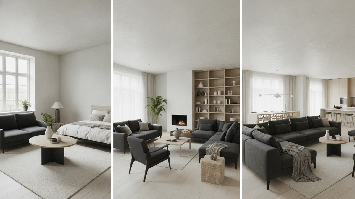 Seating scale across small, medium, and large living room layouts.