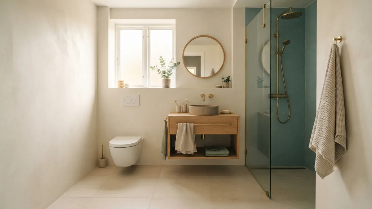 Compact European bathroom layout with clear floor space, wall-hung vanity, and walk-in shower