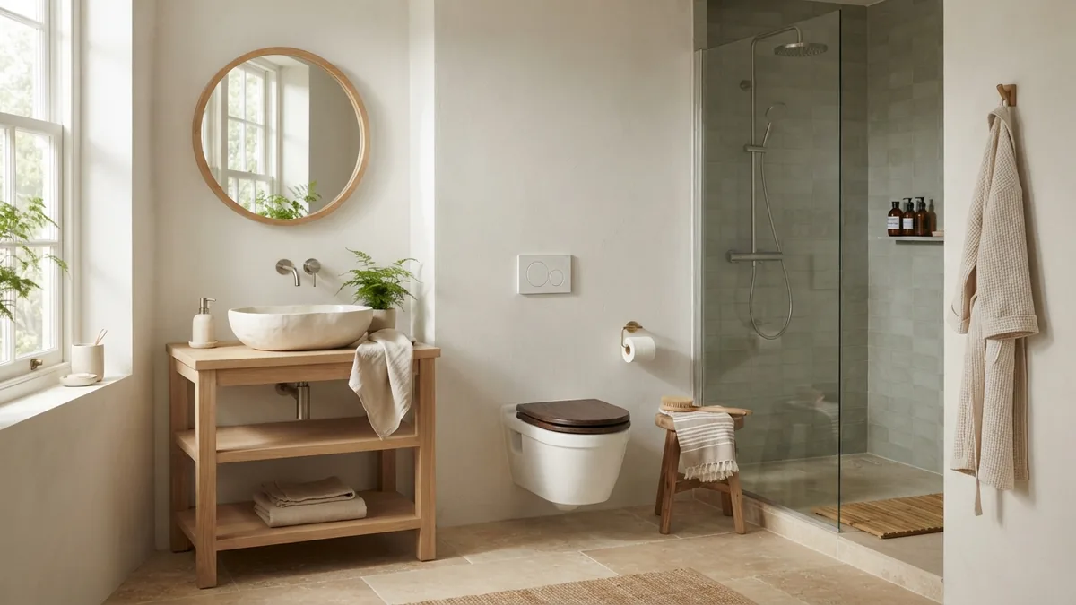 Pale oak bathroom vanity with ceramic basin and brushed metal fittings in a tidy home