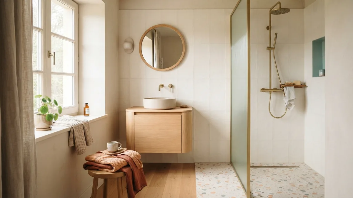 Warm cream bathroom tiles and natural finishes Cream bathroom tile scheme with pale plaster walls, oak accents, and soft natural light