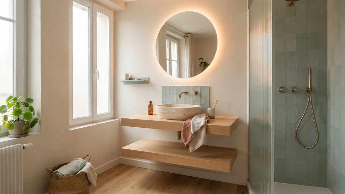 Layered lighting in a calm European bathroom Layered bathroom lighting with softly glowing mirror, warm ceiling light, and sage accents