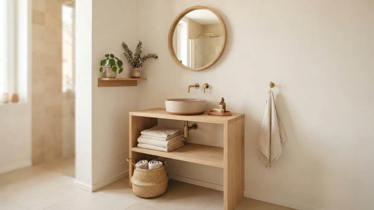 Fresh bathroom wall and pale oak details Freshly painted bathroom with moisture-ready walls, pale oak details, and soft natural light