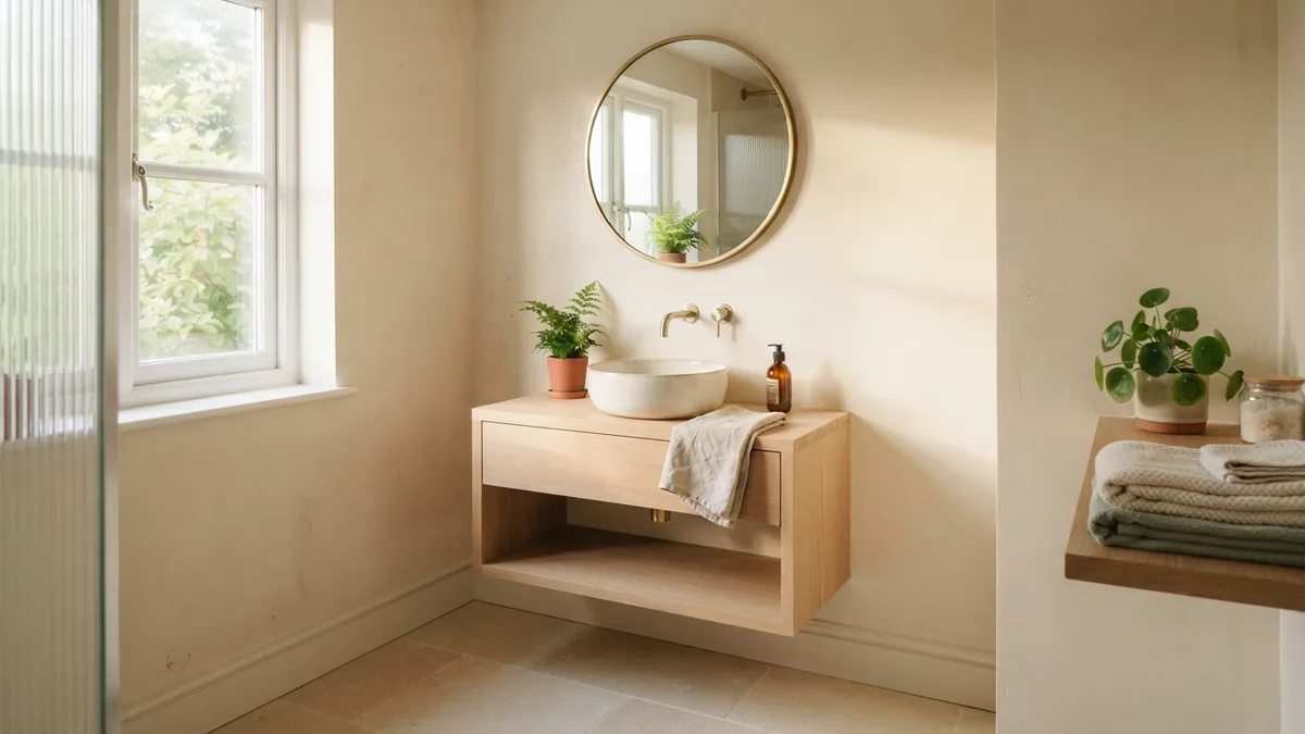 Bathroom wall with a soft satin sheen beside a simple pale wood vanity