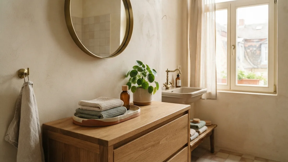 Neutral bathroom ready for a simple refresh Simple bathroom with durable neutral walls and understated materials for a budget-minded refresh