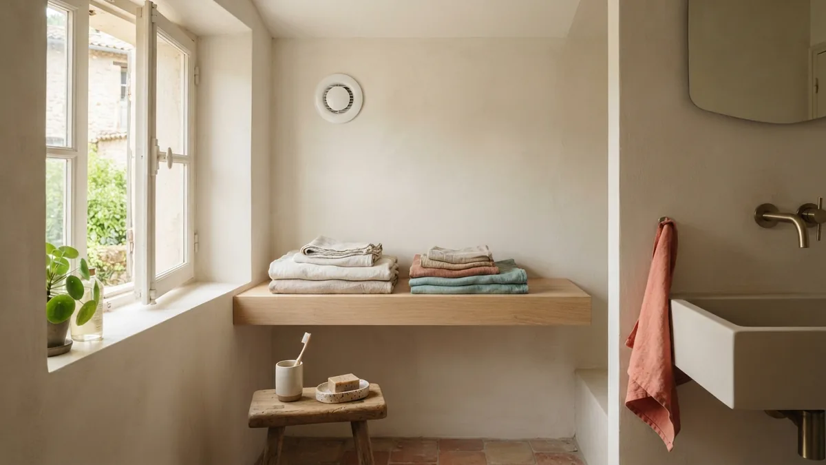 Airy bathroom with an open window and pale walls to show gentle ventilation