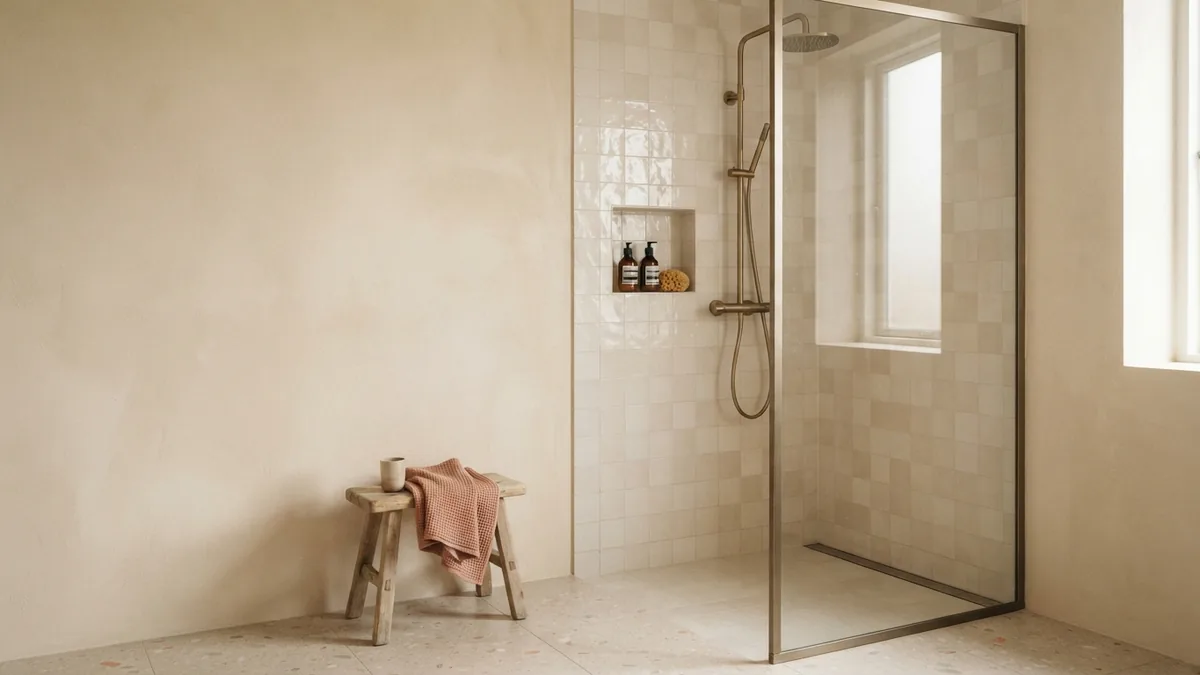Matte bathroom wall beside a dry shower area with warm neutral finishes