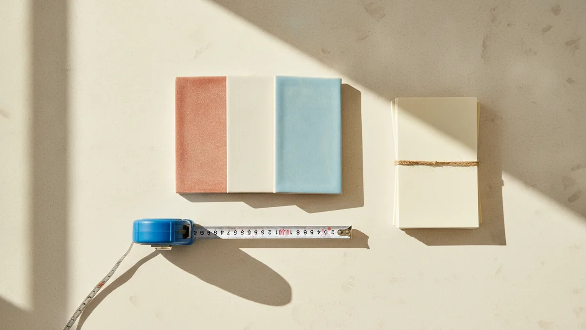 Cost ranges by bathroom type Budget planning setup with tape measure and tile samples for bathroom remodels.