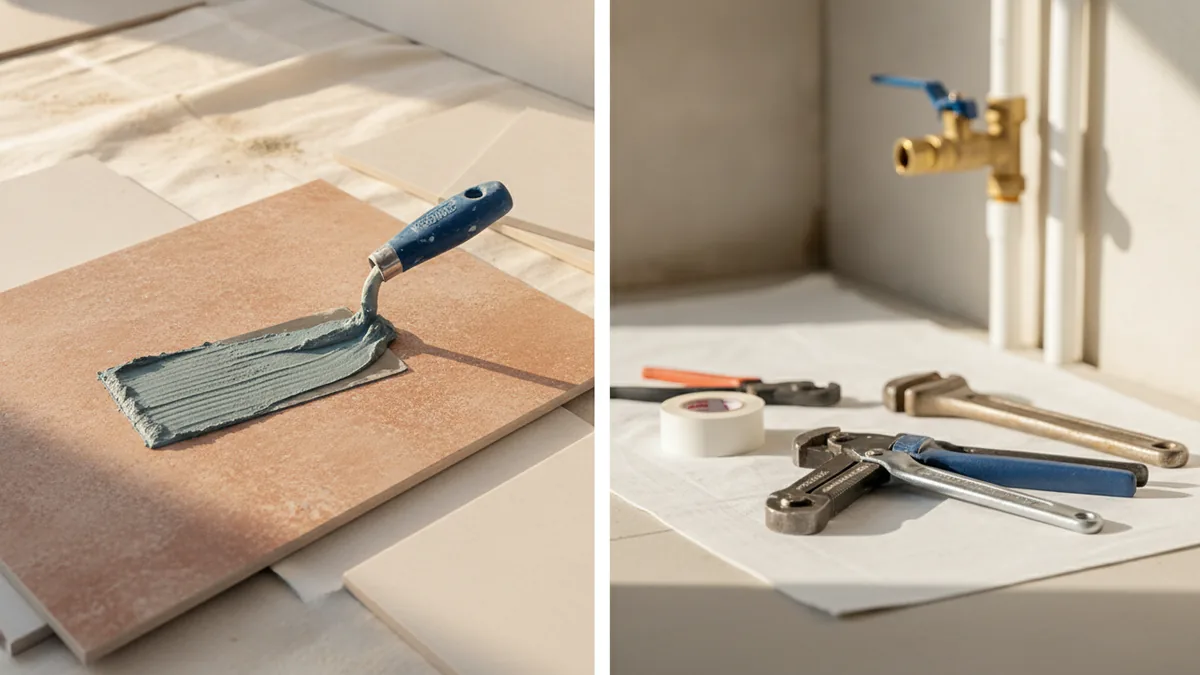 Labor vs materials costs in a remodel Tiler and plumbing tools representing labor and material costs in a remodel.