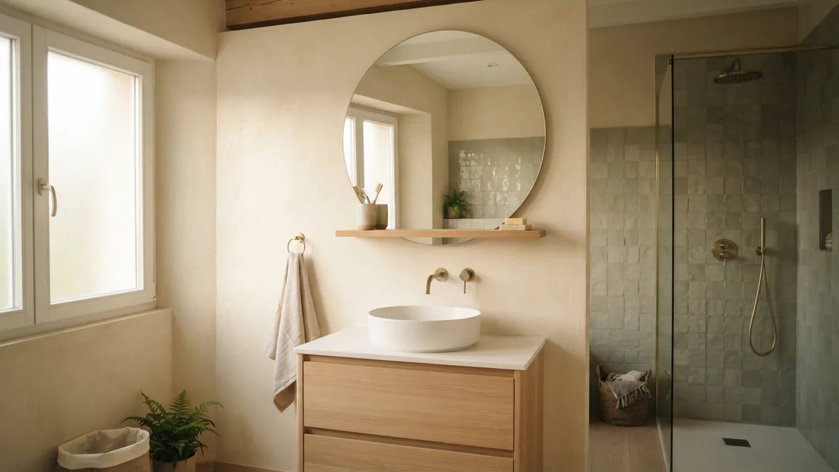 European bathroom with warm wall treatment, handmade tile, pale wood and sage accents