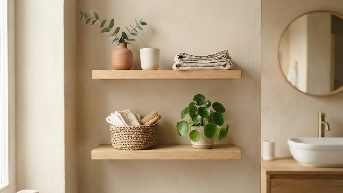 Pale oak bathroom shelves styled with ceramics, linen, basket and greenery