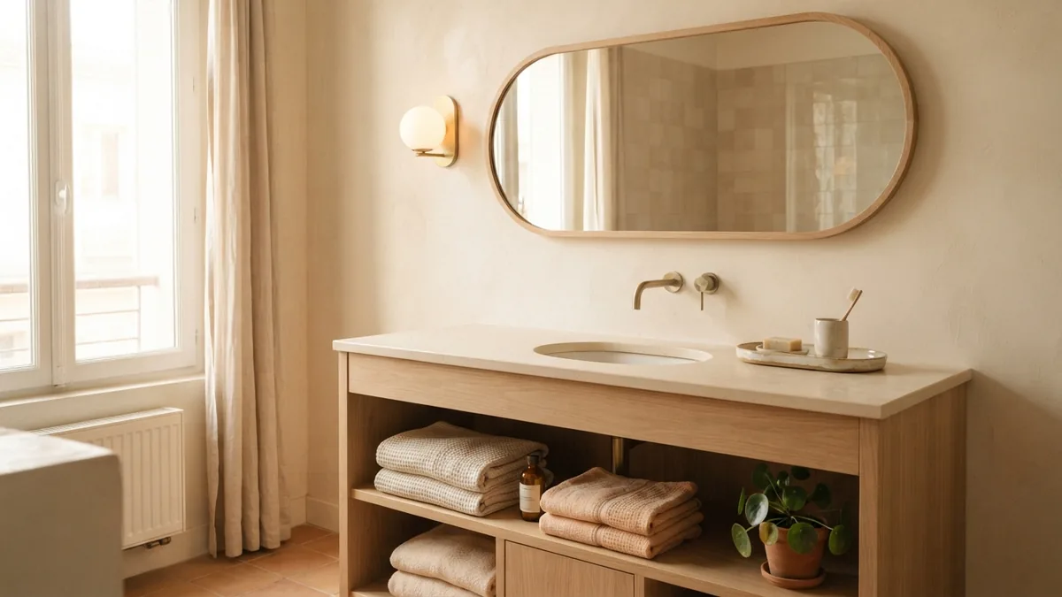 Warm bathroom vanity with rounded mirror, soft lighting, pale stone and light oak