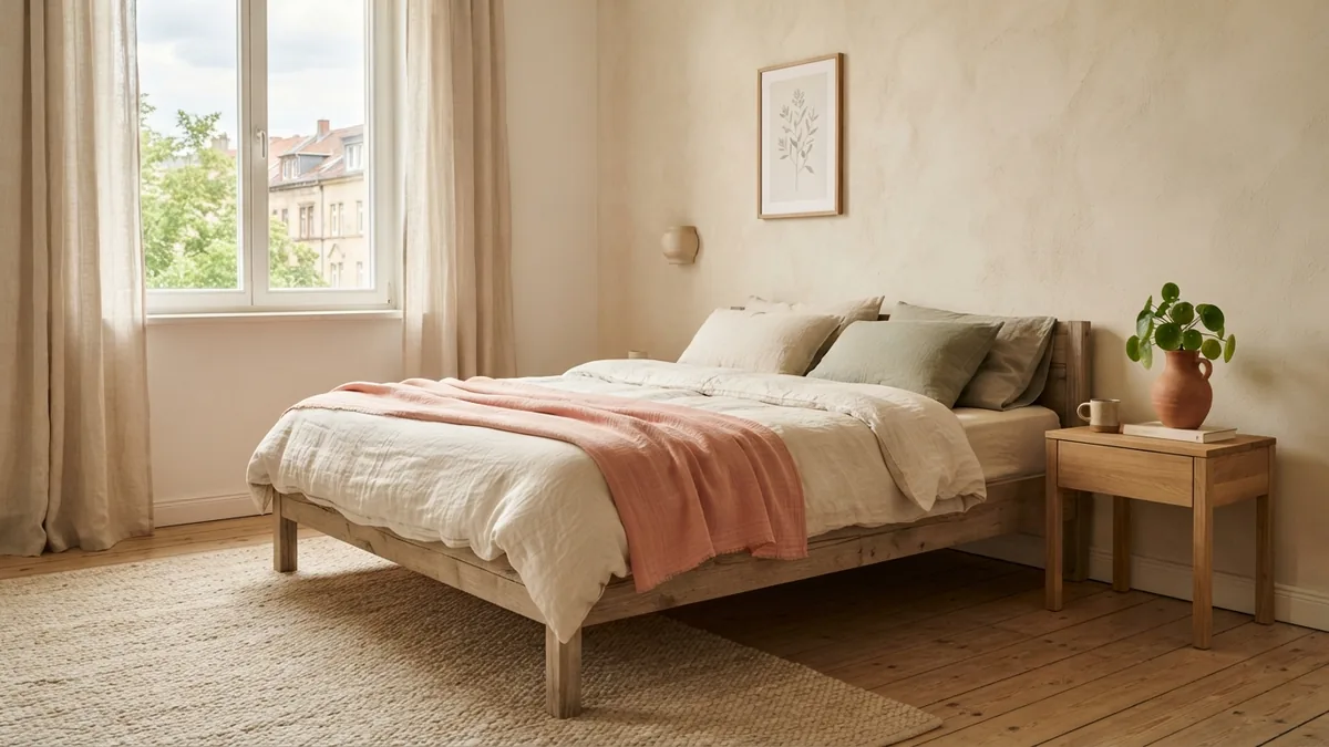 Soft bedroom fabrics and dust Bedroom with natural fabrics and a rug that can hold dust and allergens